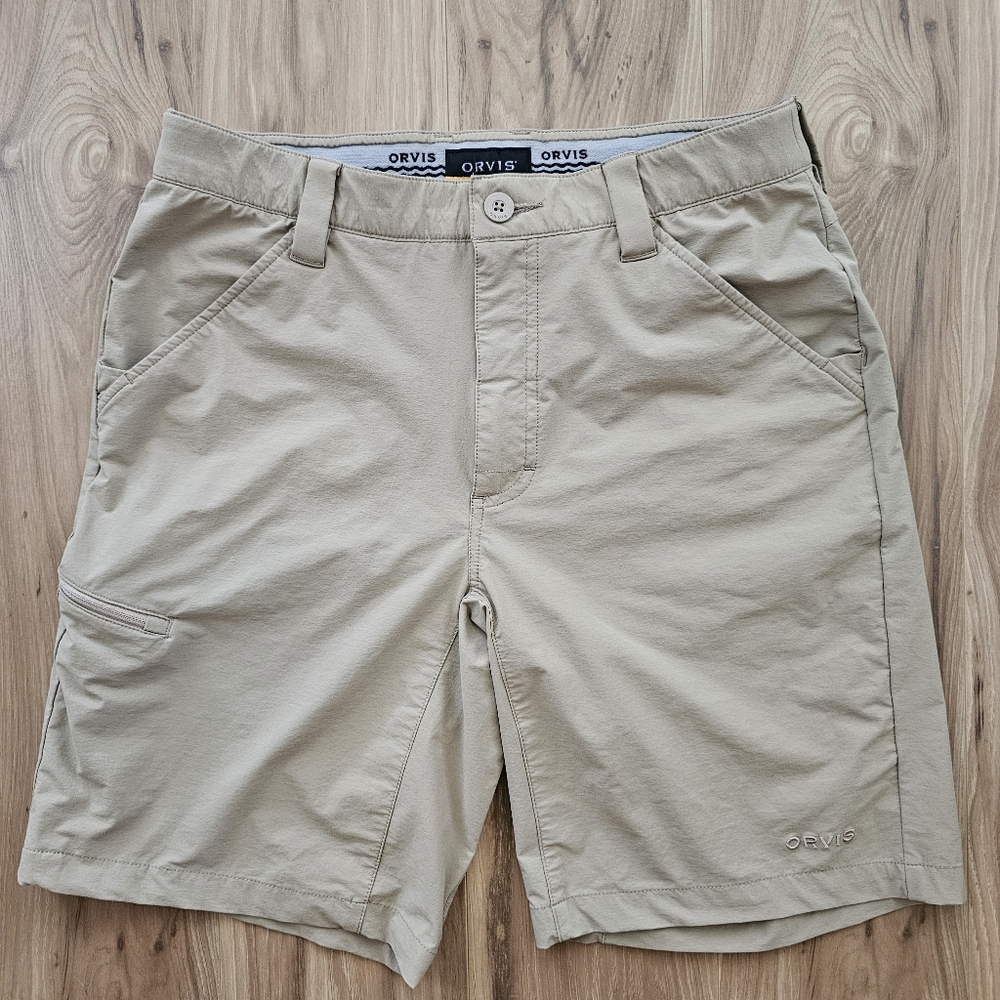 Orvis Men's Quick Dry Shorts Khaki With Side And Back Zipper Pockets Size 30